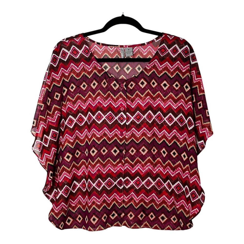 New Directions Weekend‎ Red Chevron Geometric Kimono Button Down Blouse Womens M